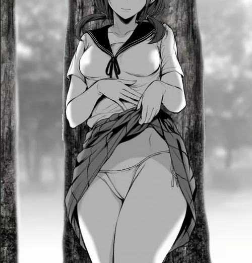 LF Mono Source: 1girl, against tree, groin, hand on own stomach, legs together, lifted by self, looking at viewer, medium breasts, parted lips, pleated skirt, sailor collar, school uniform, shirt, short sleeves, short twintails, side-tie panties, skirt l