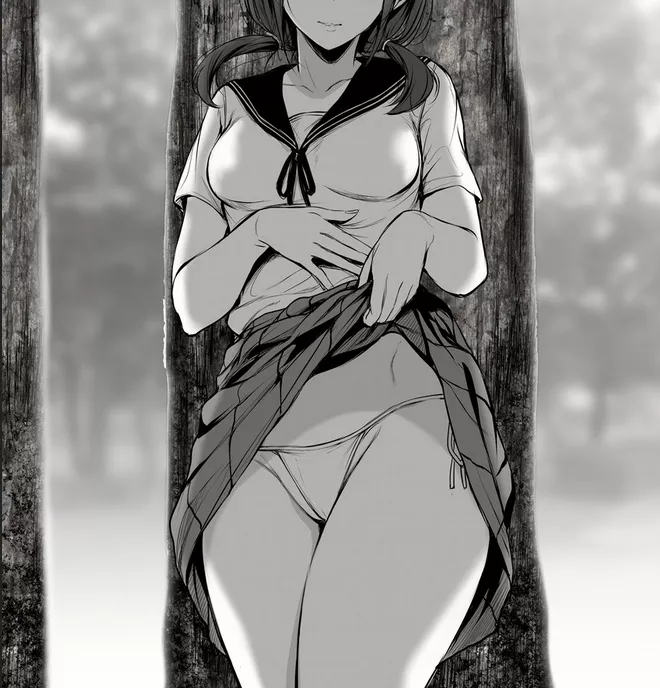 LF Mono Source: 1girl, against tree, groin, hand on own stomach, legs together, lifted by self, looking at viewer, medium breasts, parted lips, pleated skirt, sailor collar, school uniform, shirt, short sleeves, short twintails, side-tie panties, skirt l