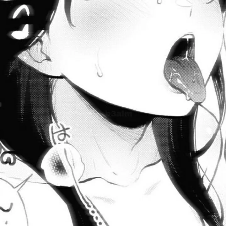 LF Mono Source: 1girl, ahegao, black hair, blush, breath, close up, collarbone, ear blush, face, foreign text, head out of frame, heavy breathing, long hair, open mouth, saliva trail, sfx, speech bubble, sweat, sweatdrop, tongue out, upper teeth