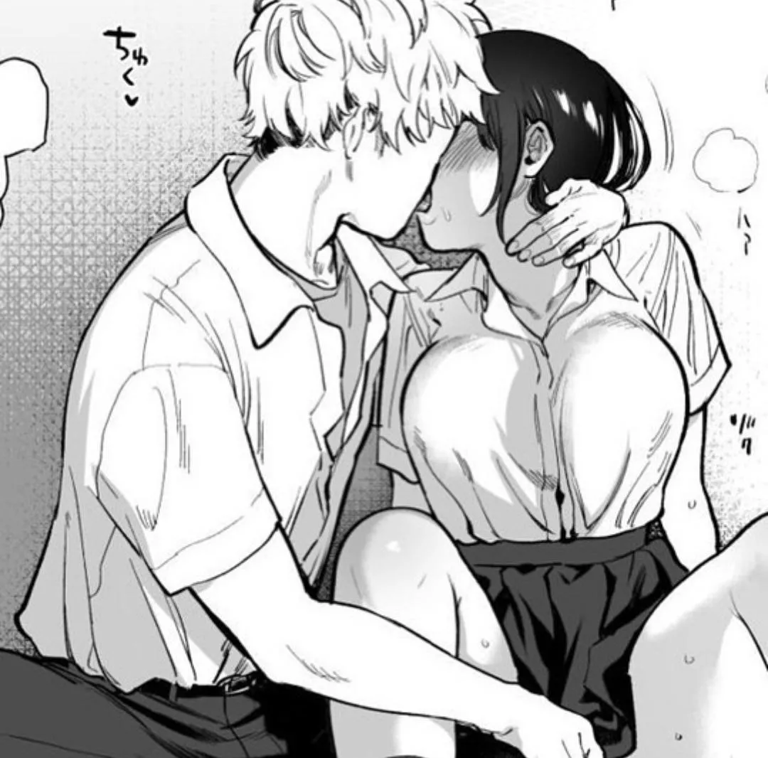 Mono 1boy, 1girl, against wall, arm around neck, belt, black hair, black skirt, blush, breath, collared shirt, fingering, french kiss/tongue kiss, knees up, large breasts, partially unbuttoned, school uniform, sfx, short hair, short sleeves, sidelocks, s