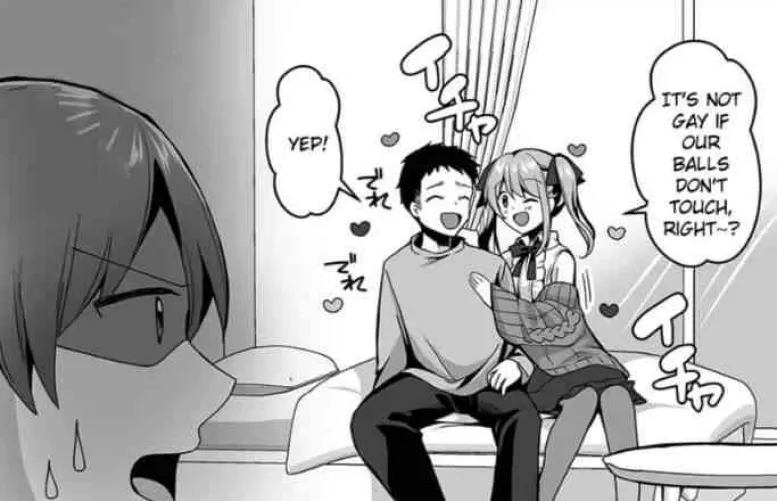 LF Mono Source: 2boys, 1girl (?), on bed, foreign sfx, shaded face, sweat, twintails, sleeveless, 