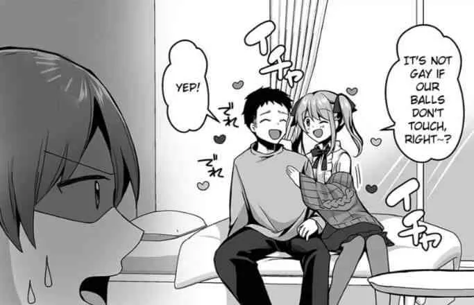 LF Mono Source: 2boys, 1girl (?), on bed, foreign sfx, shaded face, sweat, twintails, sleeveless, 