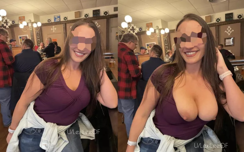 Most guys never notice when I have my tits out at the bar