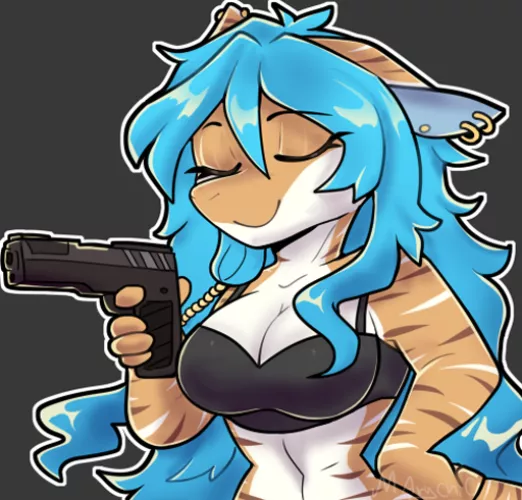 New sticker commission done :D this time a shark with a gun! don't get on her bad side XD hope you like it x3 (Art made by Marychic3908)