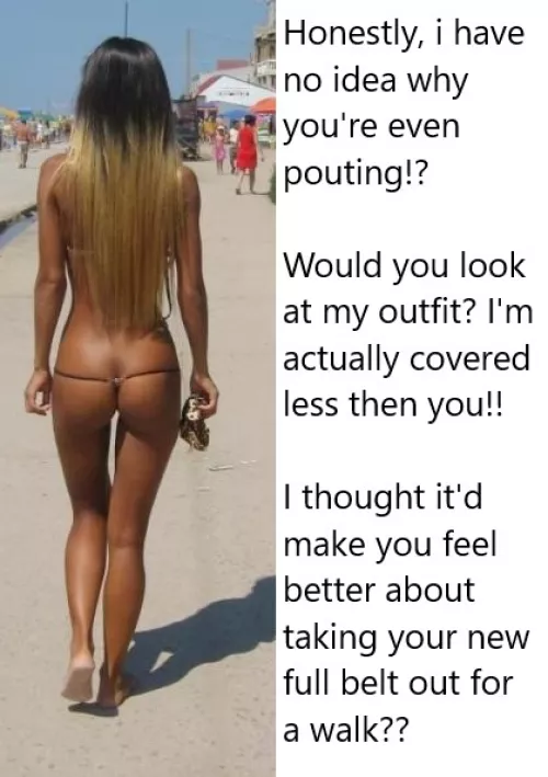 Chastity Fantasy: Caption 206. Really no need for bathing trunks when you're wearing a full belt, is there.