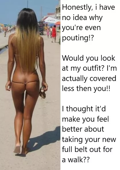 Chastity Fantasy: Caption 206. Really no need for bathing trunks when you're wearing a full belt, is there.