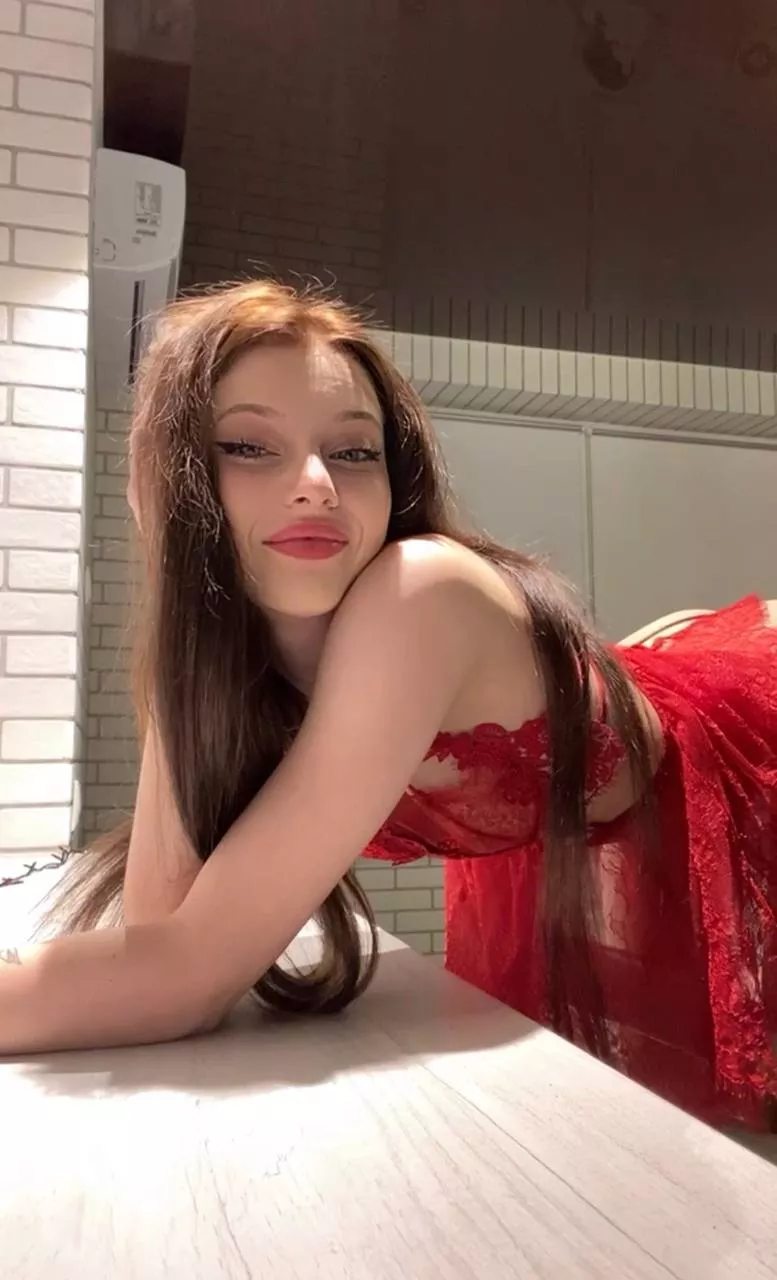 Happy girl in red lingerie