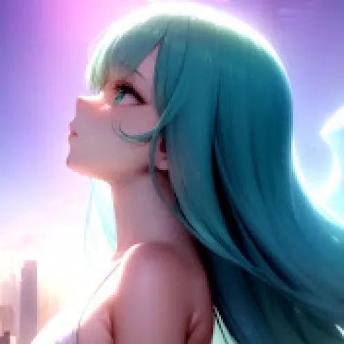 LF color source: 1girl, green hair, green eyes, crop, long hair, looking up, sky, bare shoulder