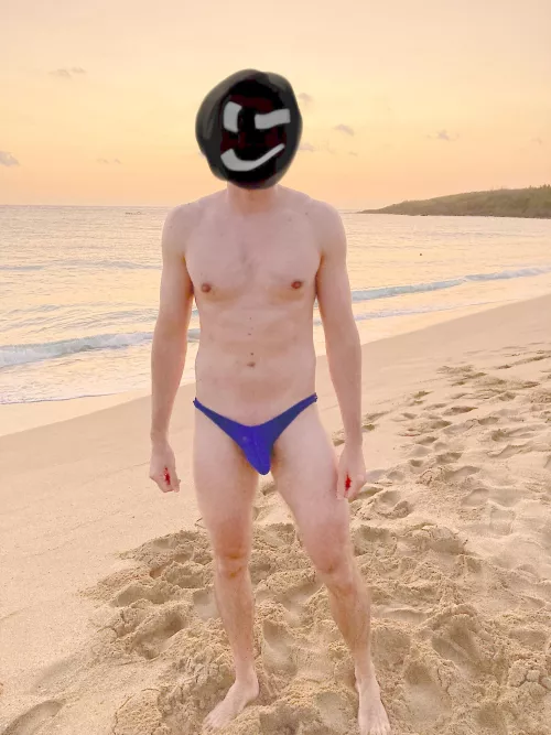 Skimpy speedo on public beach can hardly contain my bulge