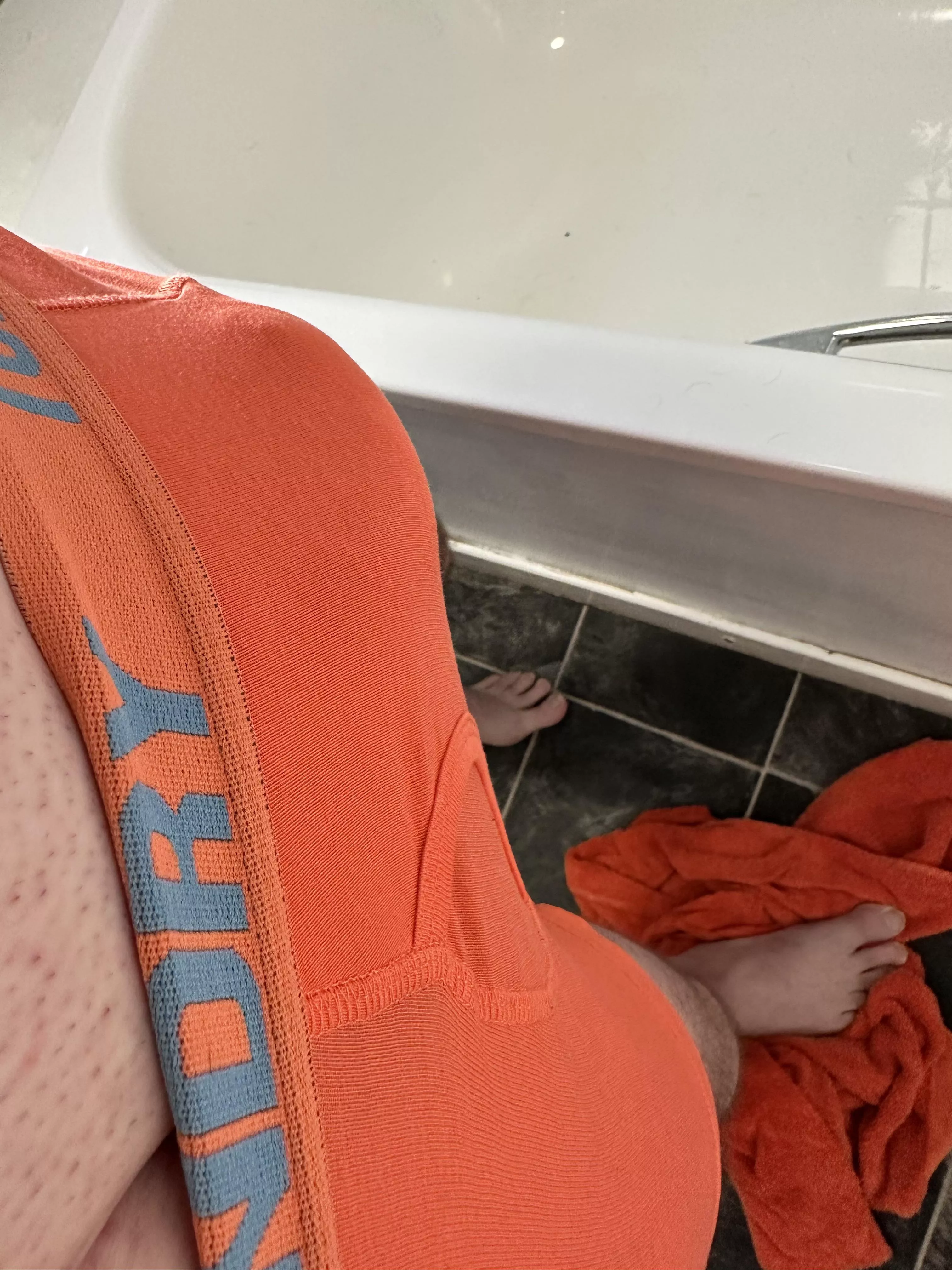 Dick bulging from boxers after shower.