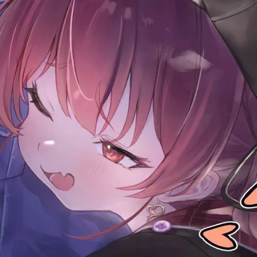 LF Color source: 1girl, red hair, tied hair, red eyes, red checked pattern, one eye closed, wink, blush, smile, open mouth, pink heart, gold heart earring, black clothes, black horn, wince face, purple badge, naughty face, close-up