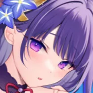 LF Color source: 1girl, purple hair, purple eyes, purple flowers, purple necklace, red ribbon, hair flower, looking at viewer, blush, straight hair, small mouth, close-up, blue background