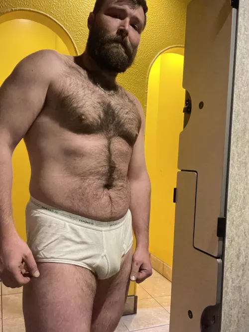 Well worn locker room Hanes on a muscle bear.