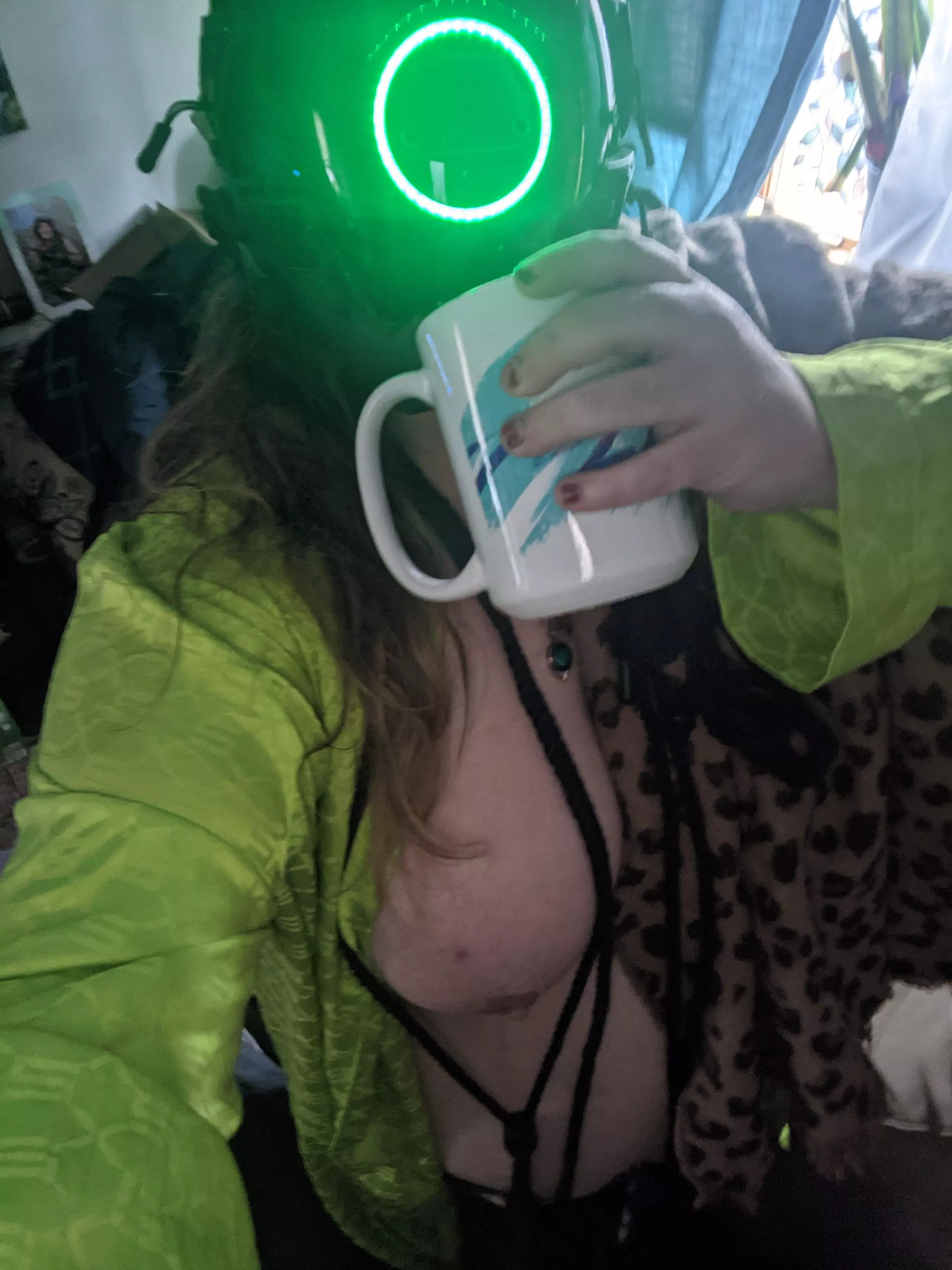good morning r/ropebondage. the green light on my mask is on today which means my reddit battery is all charged up and I'm ready to be a roped up little bunny for you right now. enjoy this photo and be safe in your rope ties and suspensions today if/whe