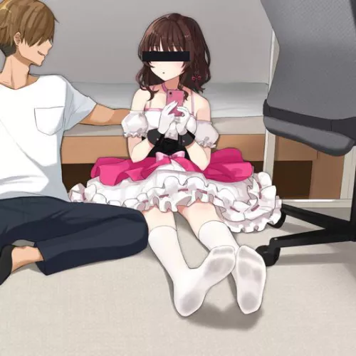 LF Color Source, censor bar over eyes, frilled dress, white gloves, white knee high socks, brown hair, 1girl, 1boy