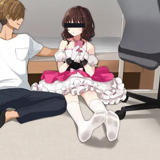 LF Color Source, censor bar over eyes, frilled dress, white gloves, white knee high socks, brown hair, 1girl, 1boy