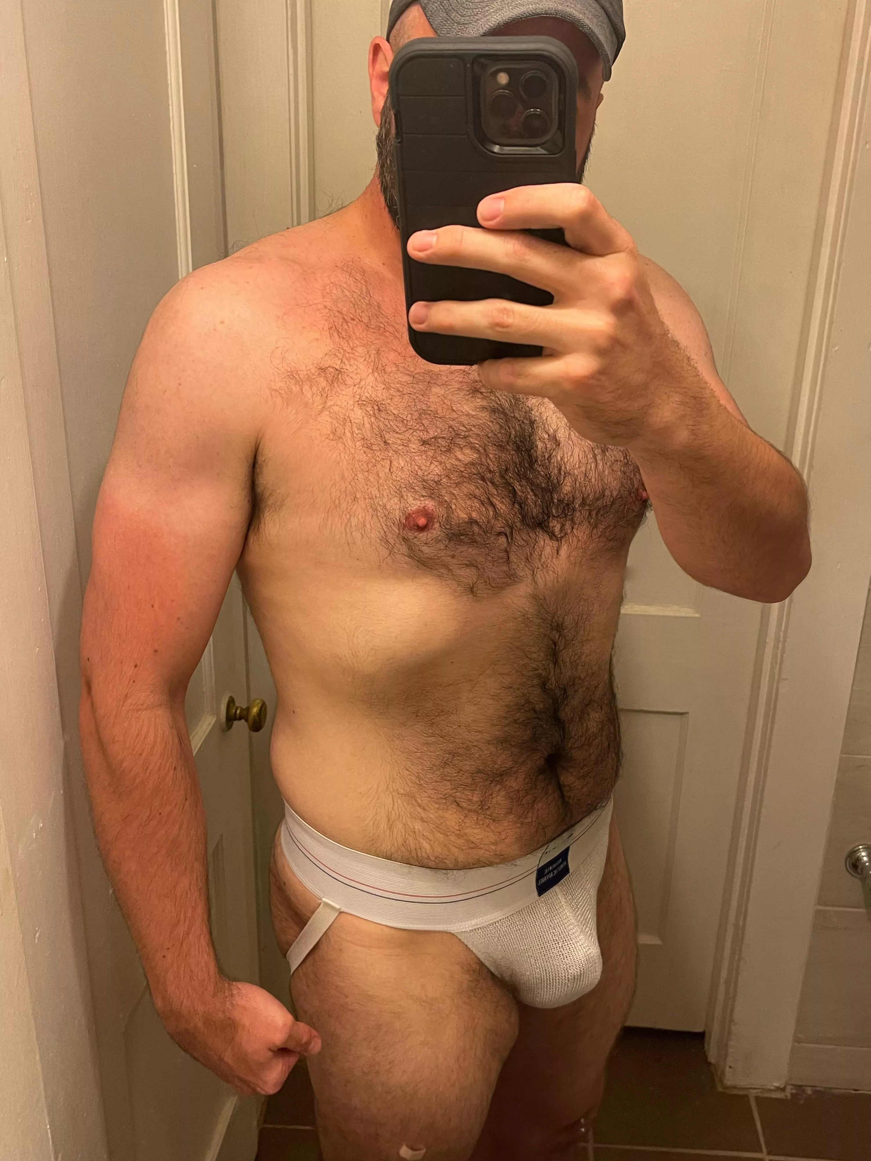 40, 6’4” 210 lbs married dad in Texas. After my Friday evening 4 mile run I’m a little sweatier than usual and about to take a shower. Wore one of my Champion jocks tonight.