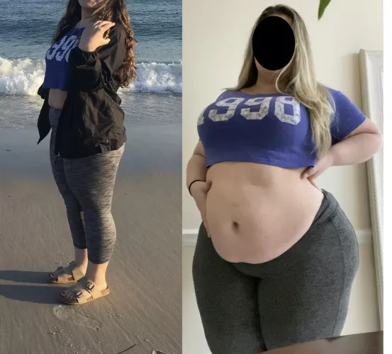 Same crop top, 120lbs apart ☺️