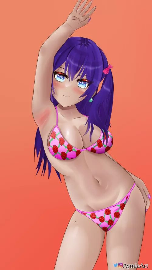 Cutie with rose pattern bikini waving [original]