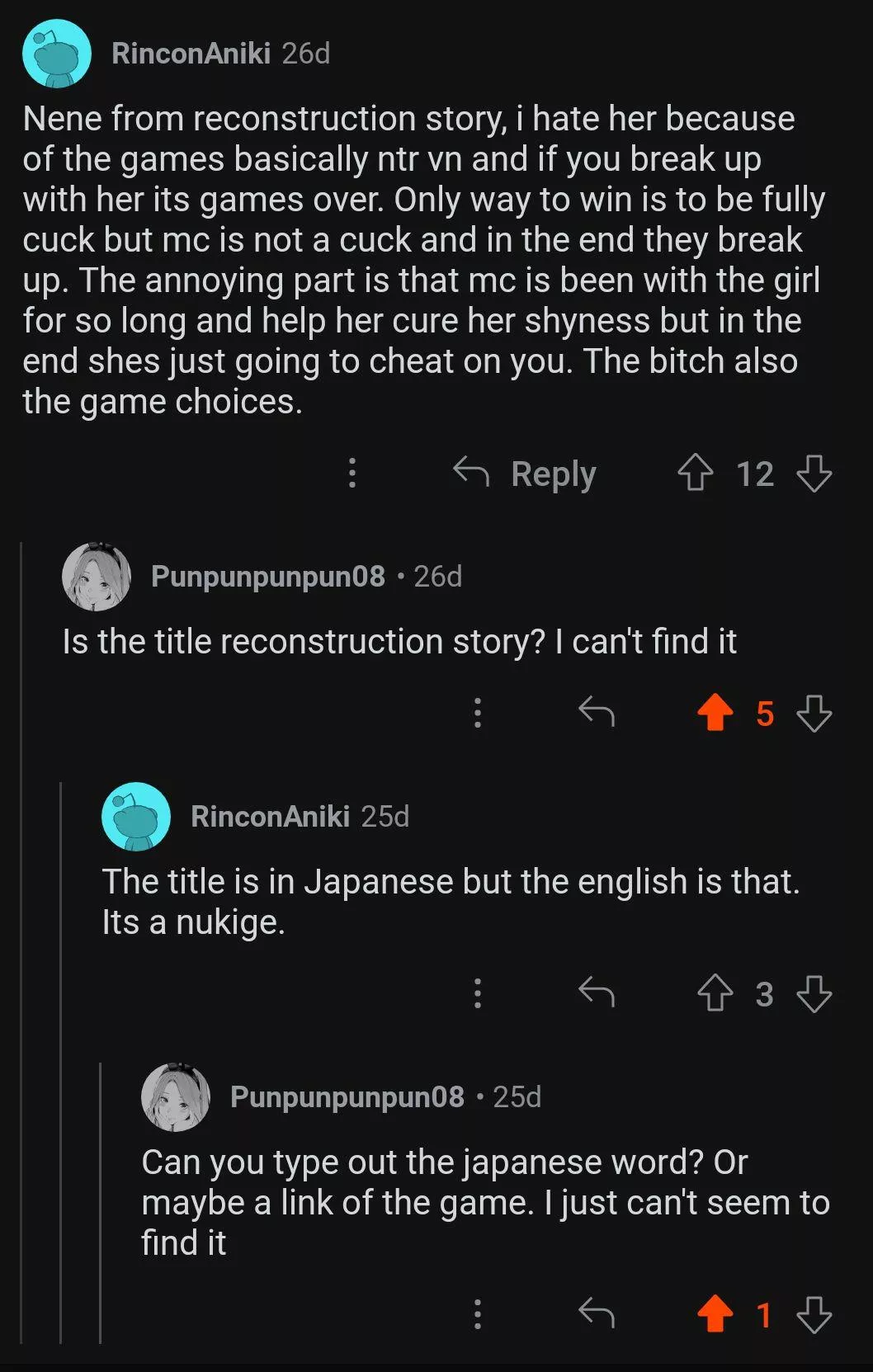 does anyone know the vn he was talking about? I swear I looked for it, even translated the word to japanese, entered the romaji word for it as well as the actual japanese translation but nothing comes up.