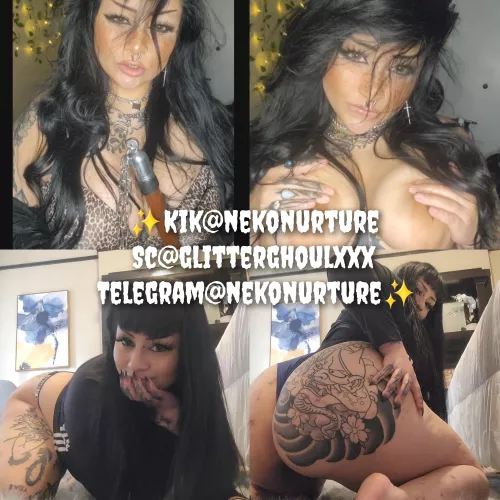 [selling] kink friendly thic goth offering services. I can do; sexting, cam sessions, custom content, weekly GFE daily GFE, and more! fetish friendly. kik@nekonurture sc@glitterghoulxxx telegram@nekonurture