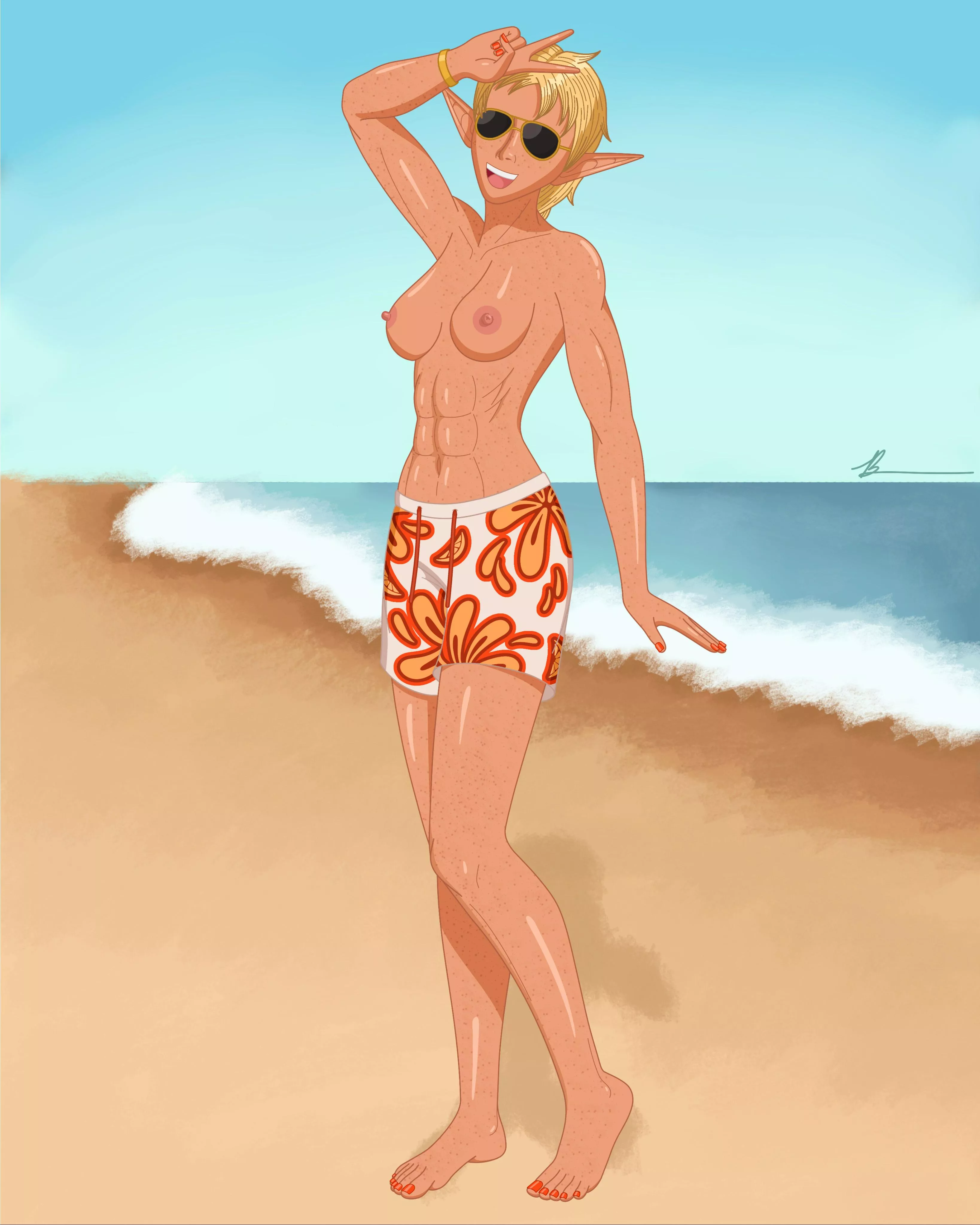 Tomboy Elf on the Beach! Give me suggestions on what to draw her doing on the beach and the best comment will be drawn! 😁