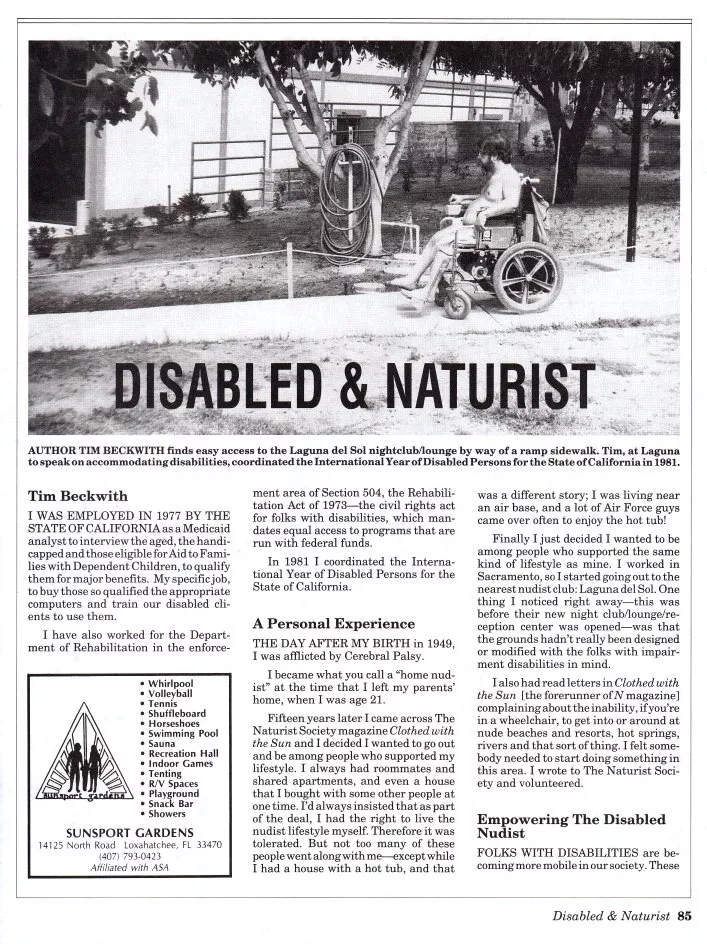 Disabled & Naturist (Nude & Natural magazine, summer 1994) - We need more wheelchair accessible resorts, campings & beaches.