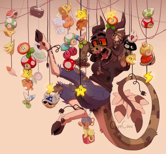 I drew art of my sona with a bunch of Mario power-ups! :D