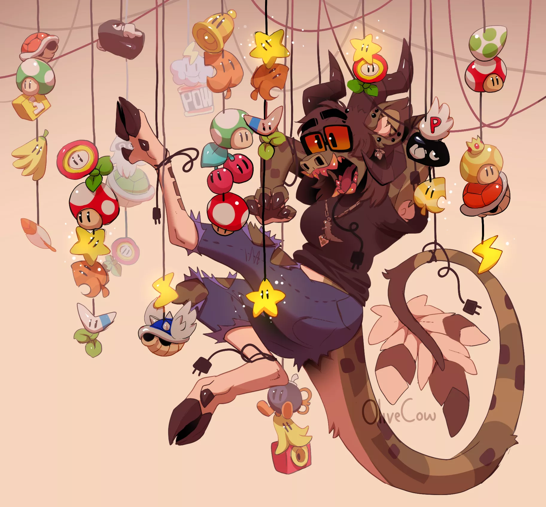 I drew art of my sona with a bunch of Mario power-ups! :D