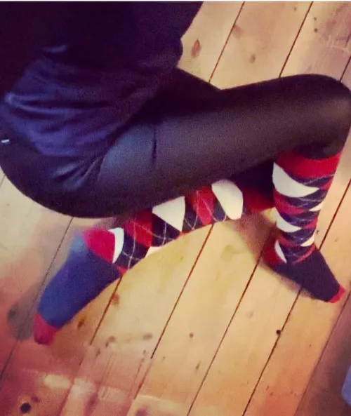 I wear long socks everyday with my riding breeches. Today it’s Argyle….[Female]