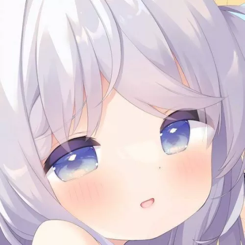 LF color source: 1girl, blush, flushing, shy face, silver hair, long hair, blue eyes, aqua eyes, gradient eyes, small mouth, small nose, smile, bold eyelid, open mouth, silver eyebrow, close-up, looking at viewer, irregular hair
