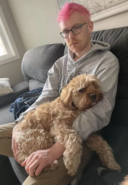 My boyfriend catching me and his dog hanging out.