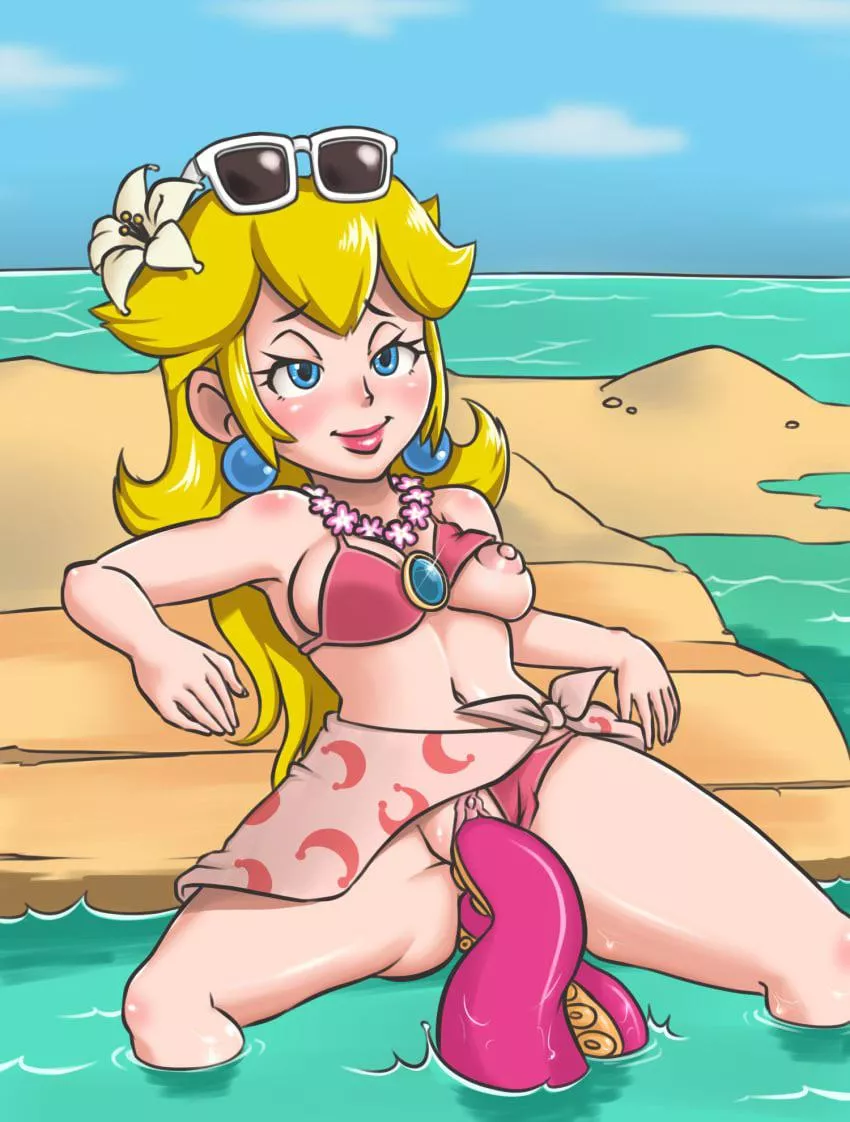 Princess Peach enjoying octopus tentacles on the beach (ryu uzuki)