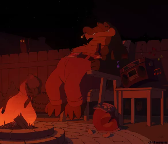 Relaxing and enjoying a beer! (art by me, @chickensnpies1 on twitter)