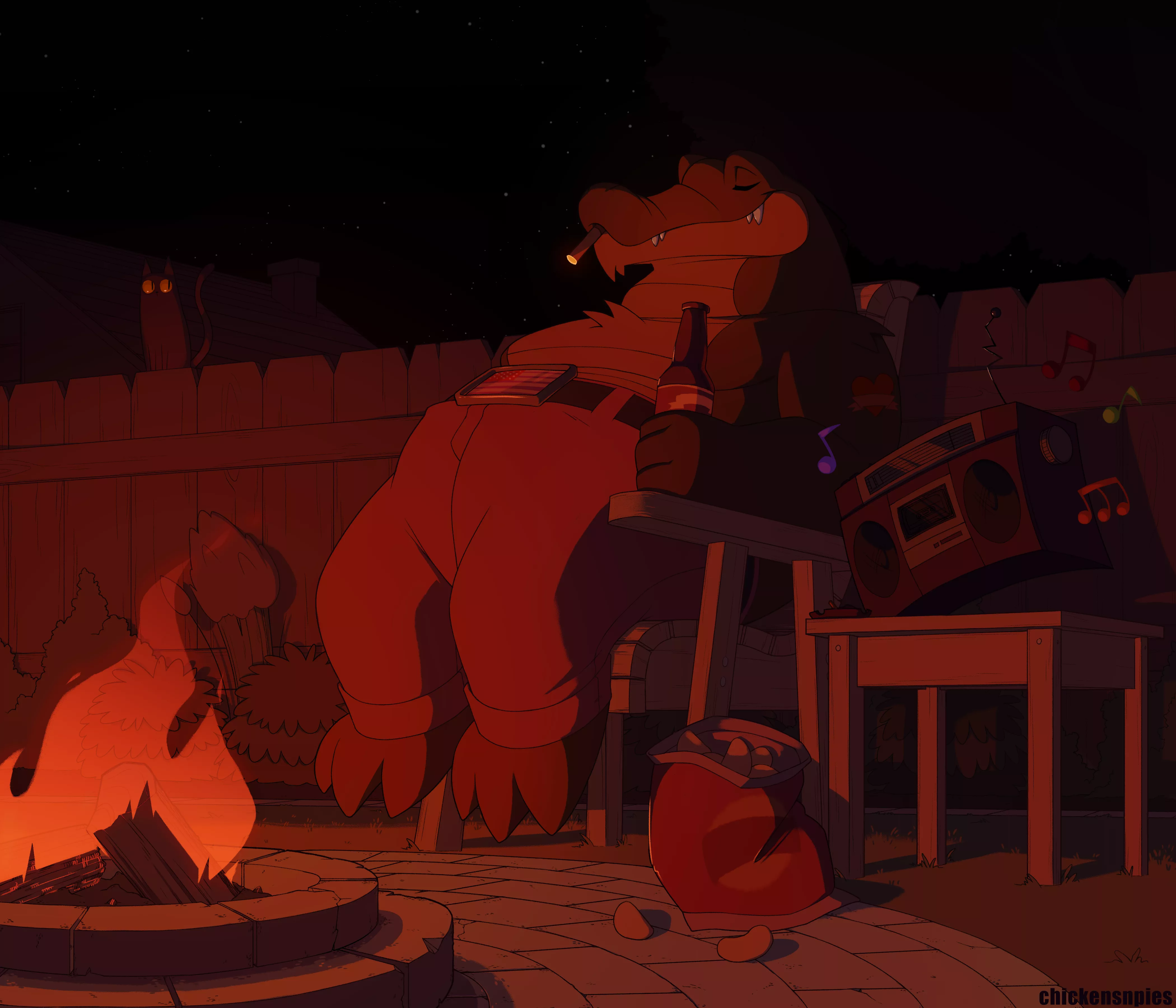 Relaxing and enjoying a beer! (art by me, @chickensnpies1 on twitter)