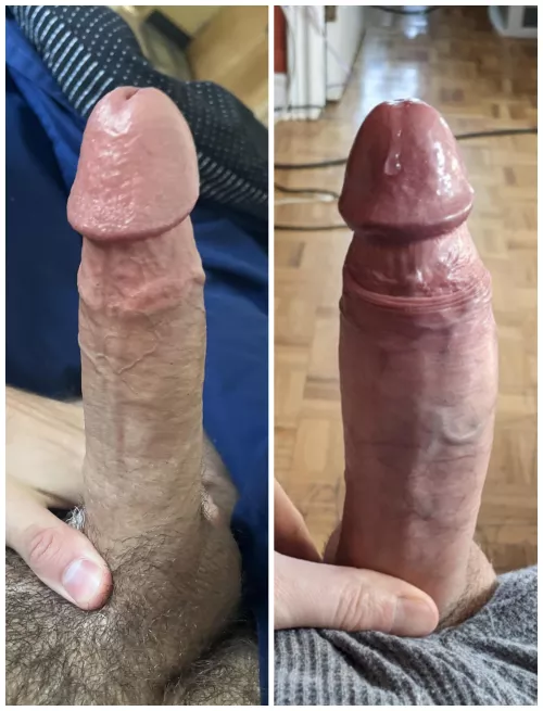 Which of us has the nicer, better, bigger penis head? Left or Right?
