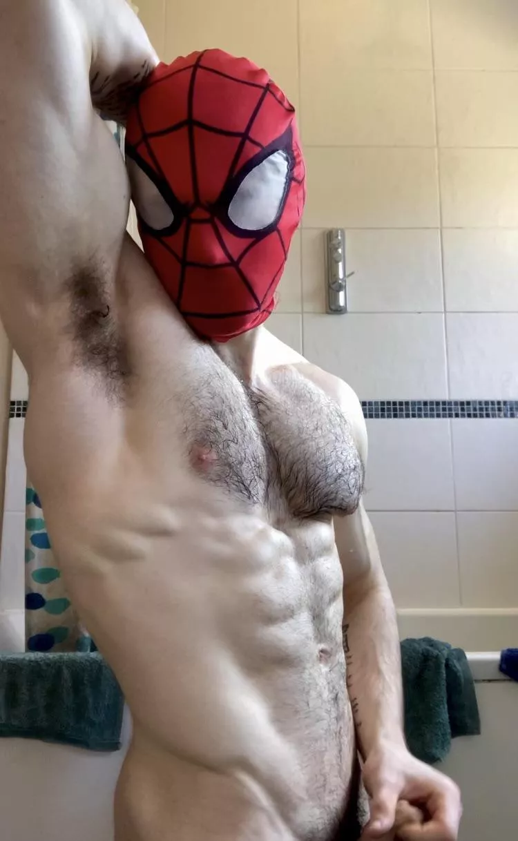 A dripping wet Spidey, ready to have some fun