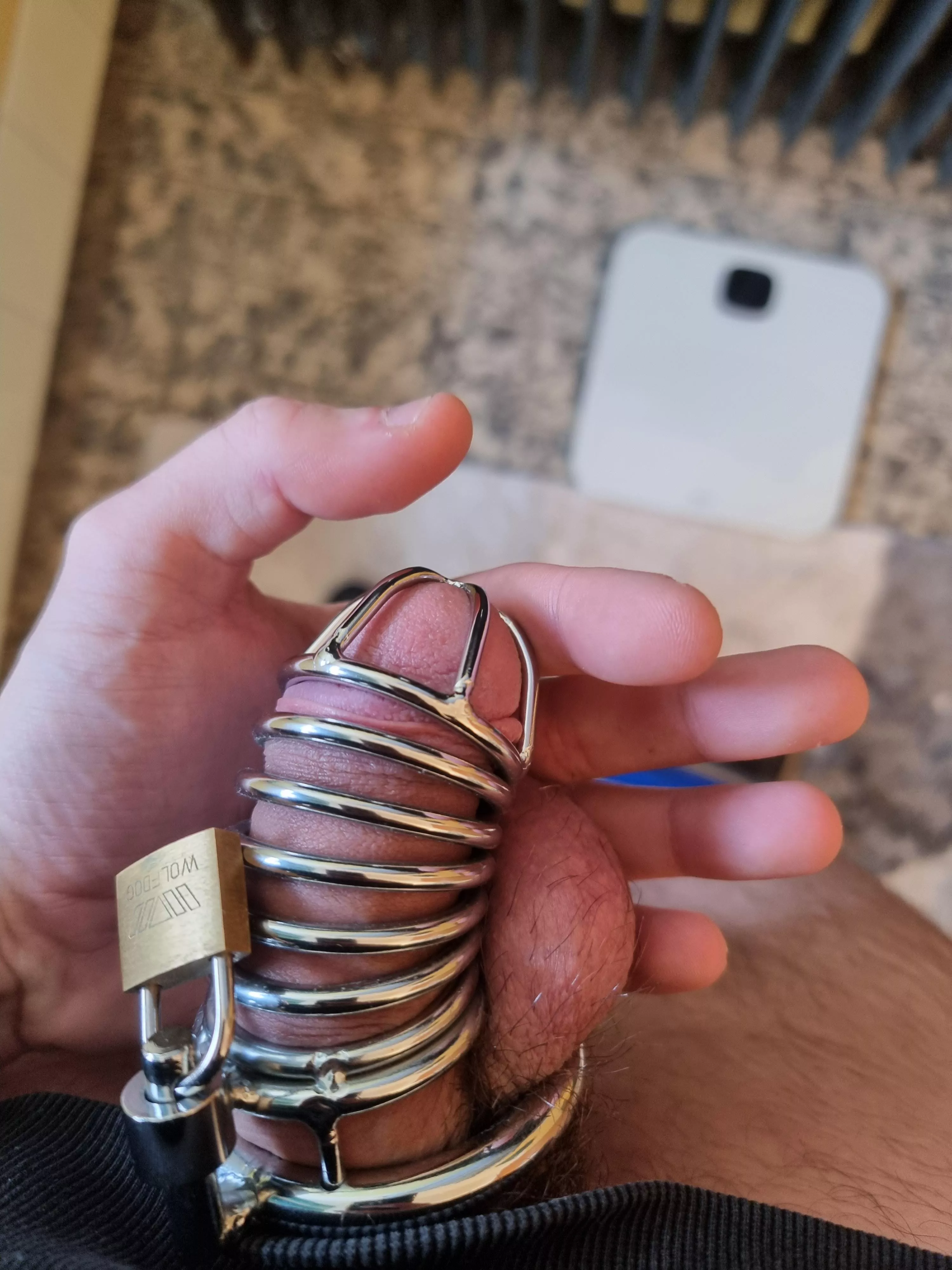 First day of wearing a chastity my wife force me to do.