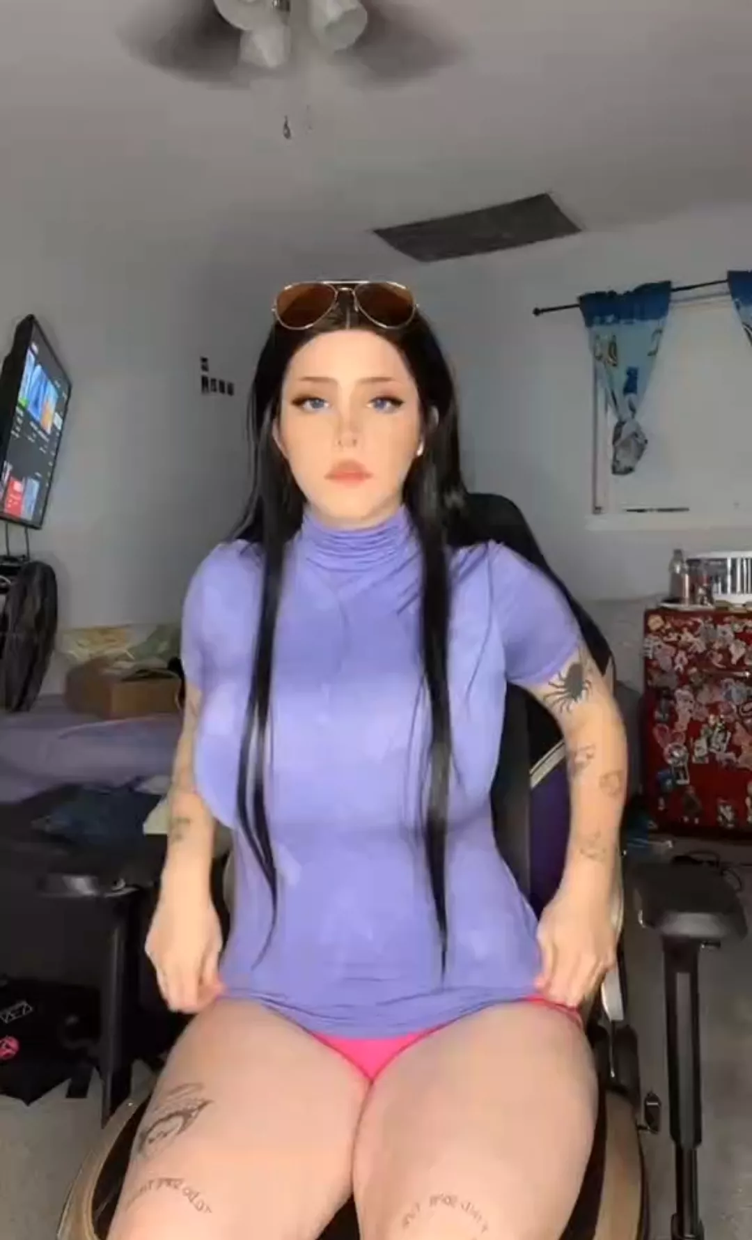 Too busty to hide in purple shirt and pinks shorts