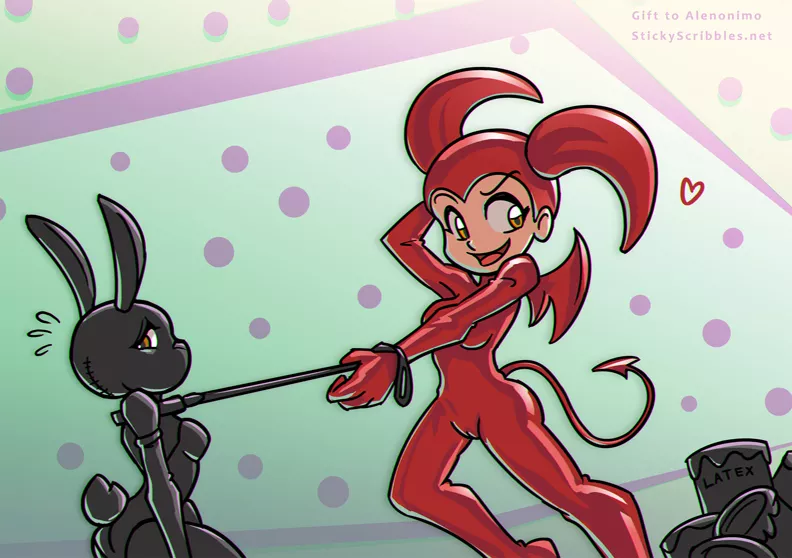 Lilim captures a Latex Bunny [ F>Latex Anthro ]( alenonimo / stickyscribbles )