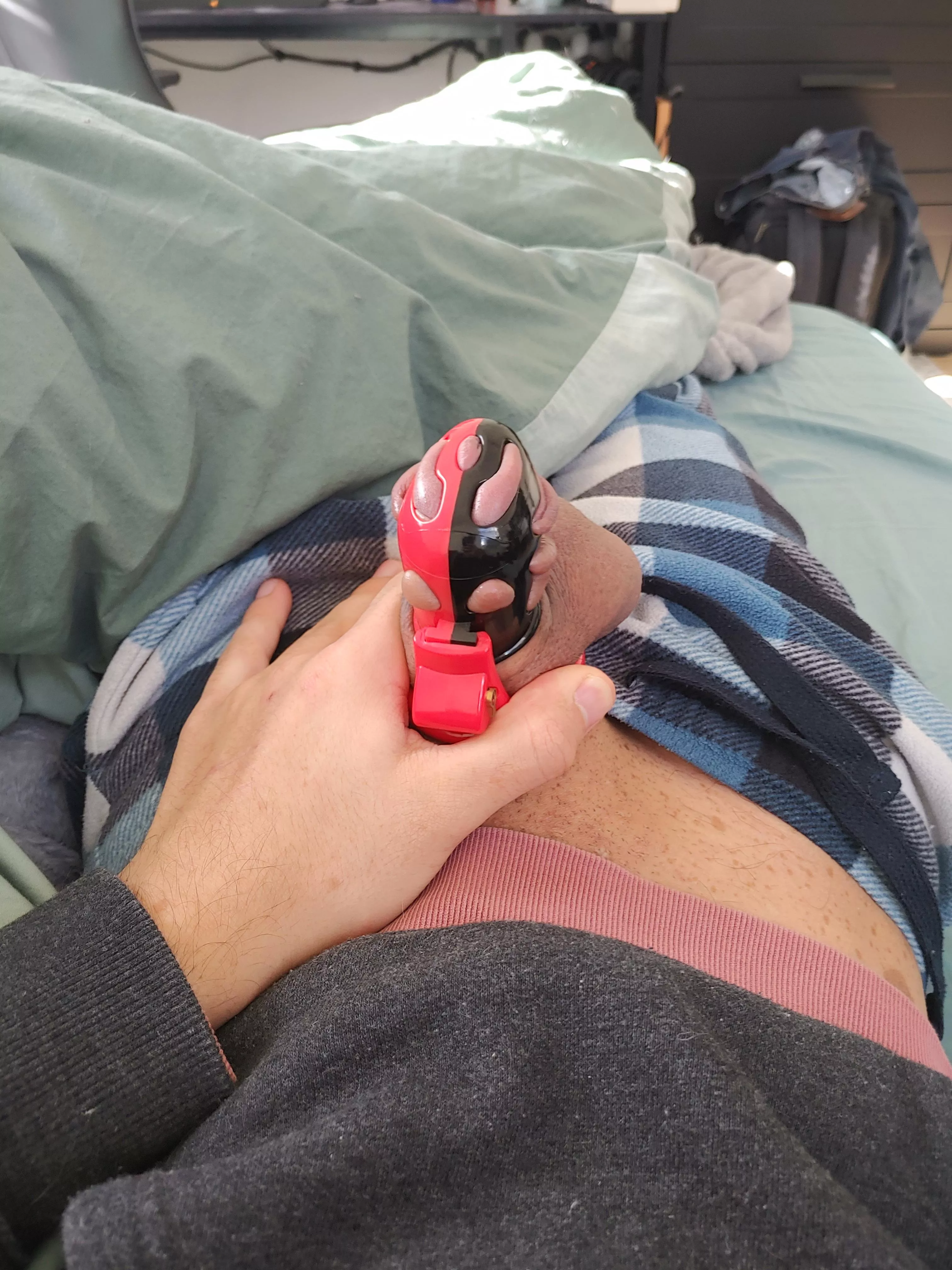 My dick straining in its cage