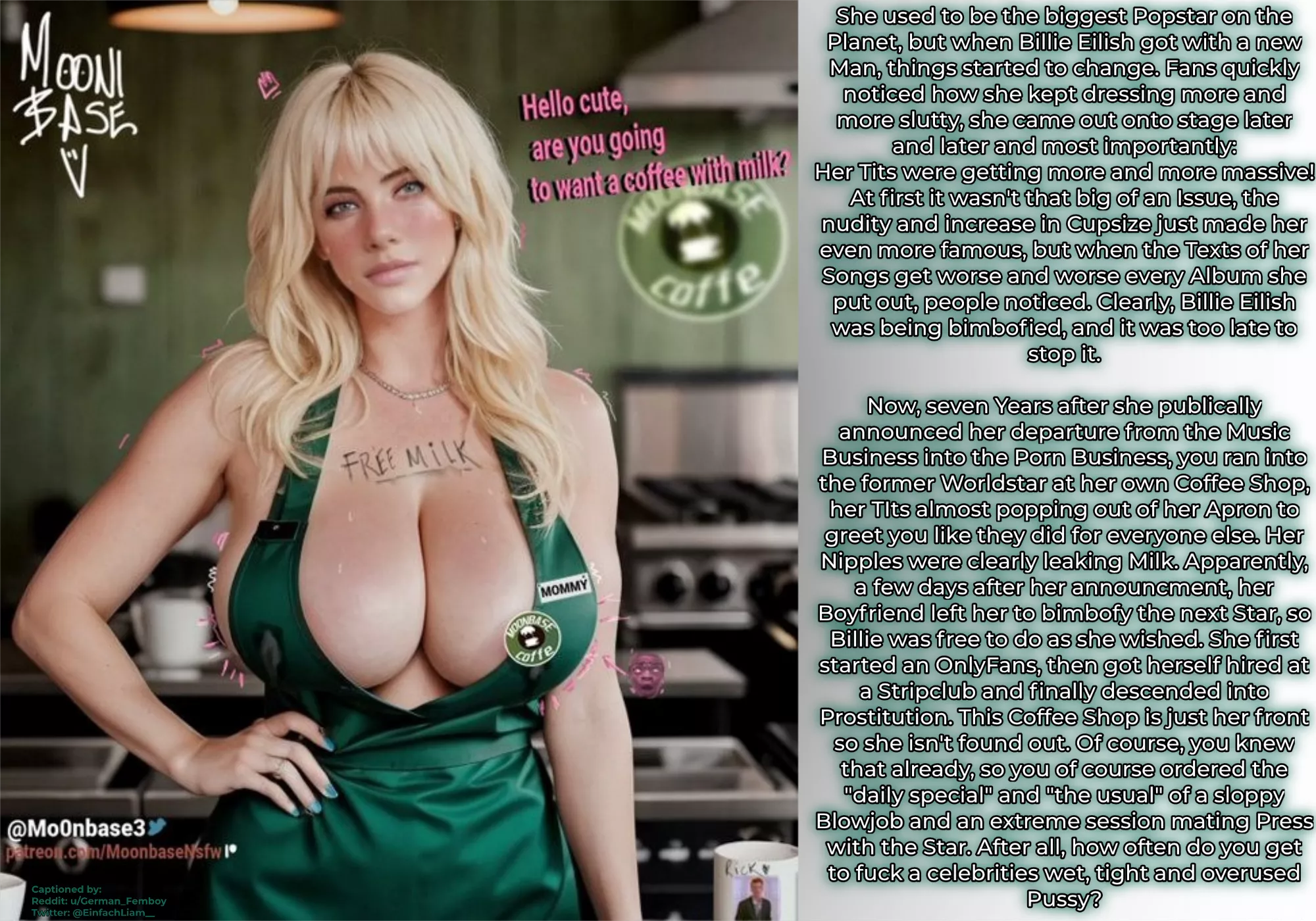 Even Stars can fall far~ [Billie Eilish] [Bimbofied] [Prostitution] [Bimbo] [Public] [Cleavage] [Slutty] [Lactation] {Art by: Mo0nbase3}