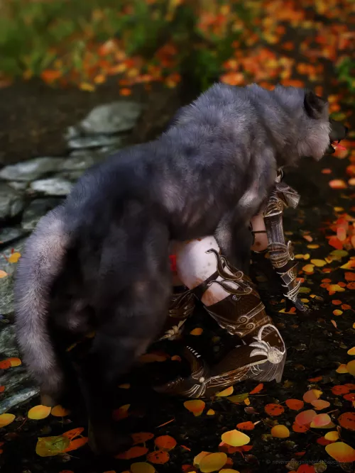 Peryn hugged by a dog in nature