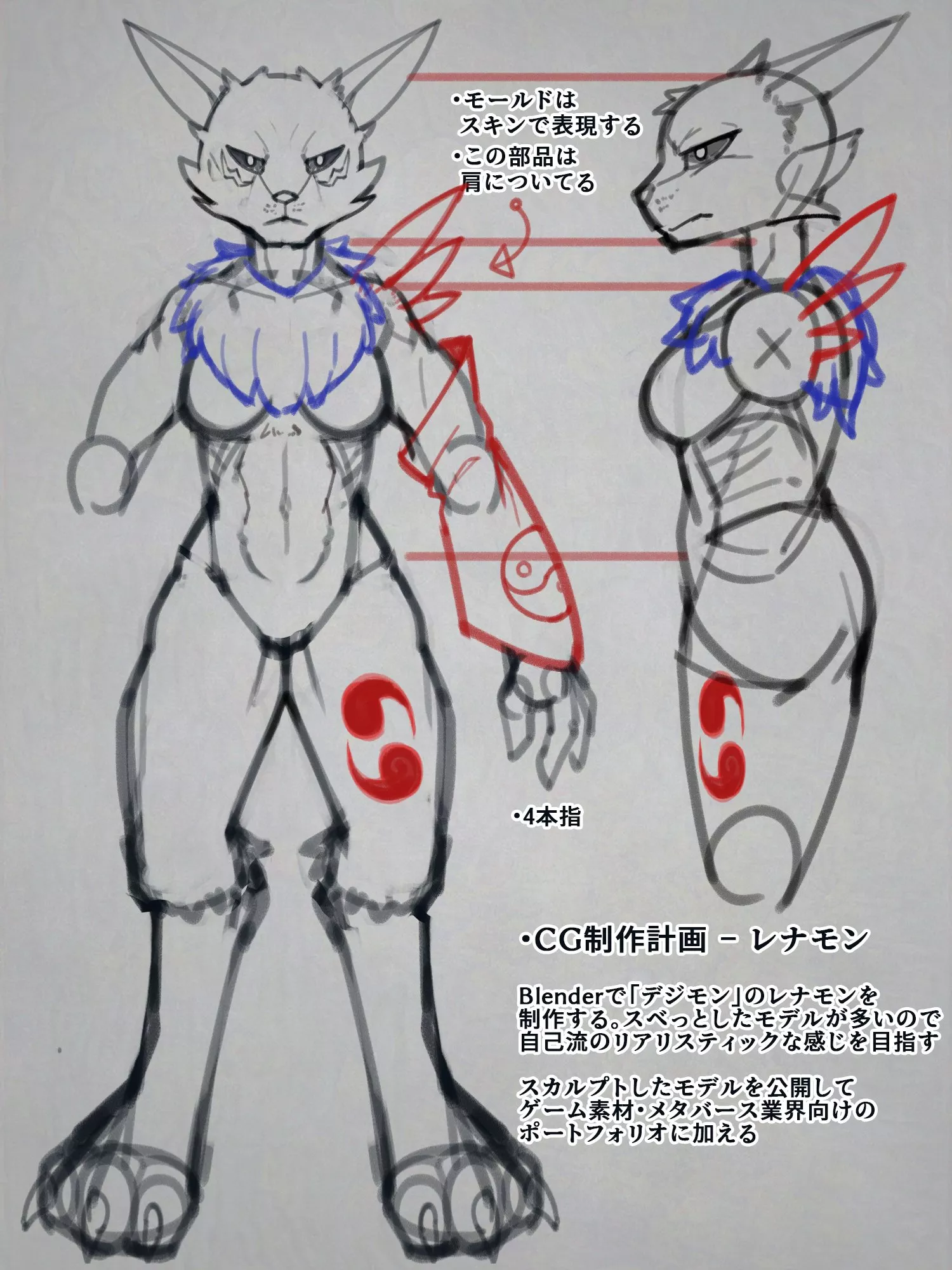 I decided to sculpt Renamon with Blender. Here's concept Sketch👍