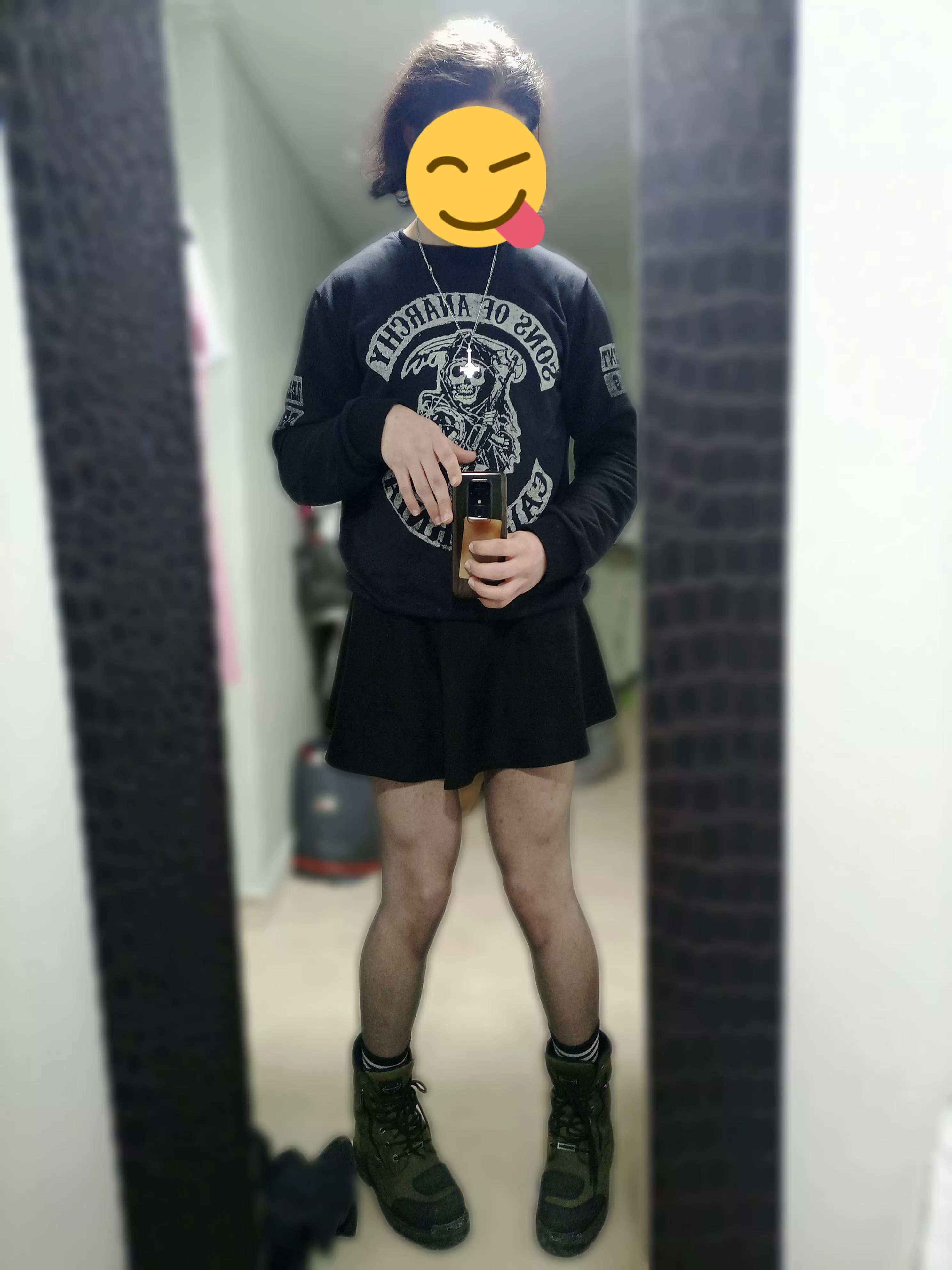 I'm secretly trying on the skirt in Our Shop. (Sorry about my messy hair btw 😅)