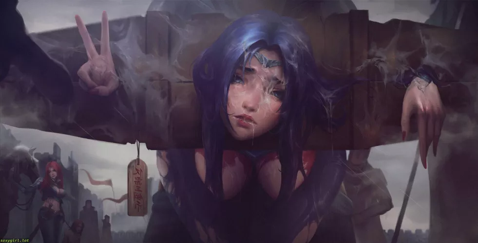 Irelia posing in a pillory (Ying)