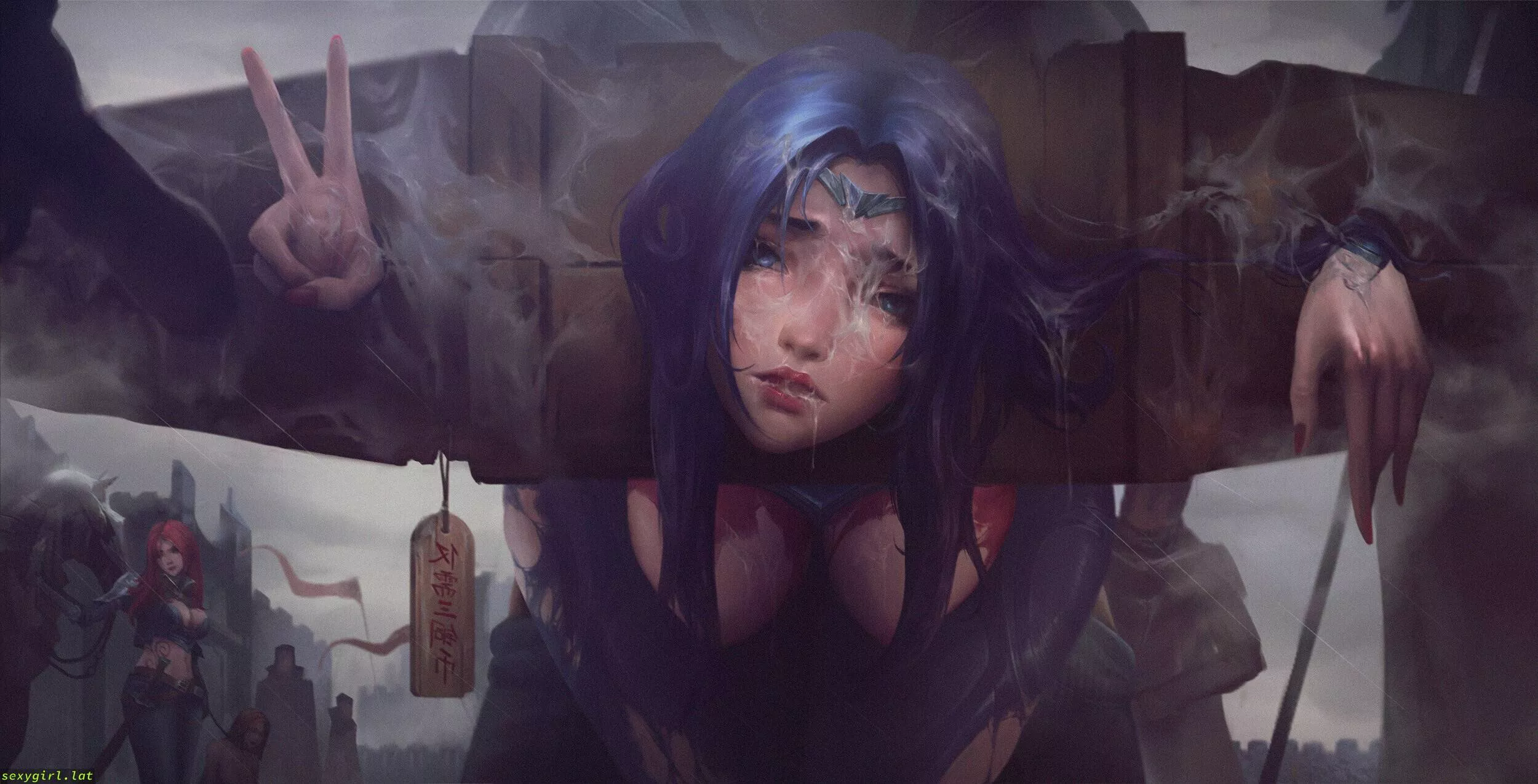 Irelia posing in a pillory (Ying)