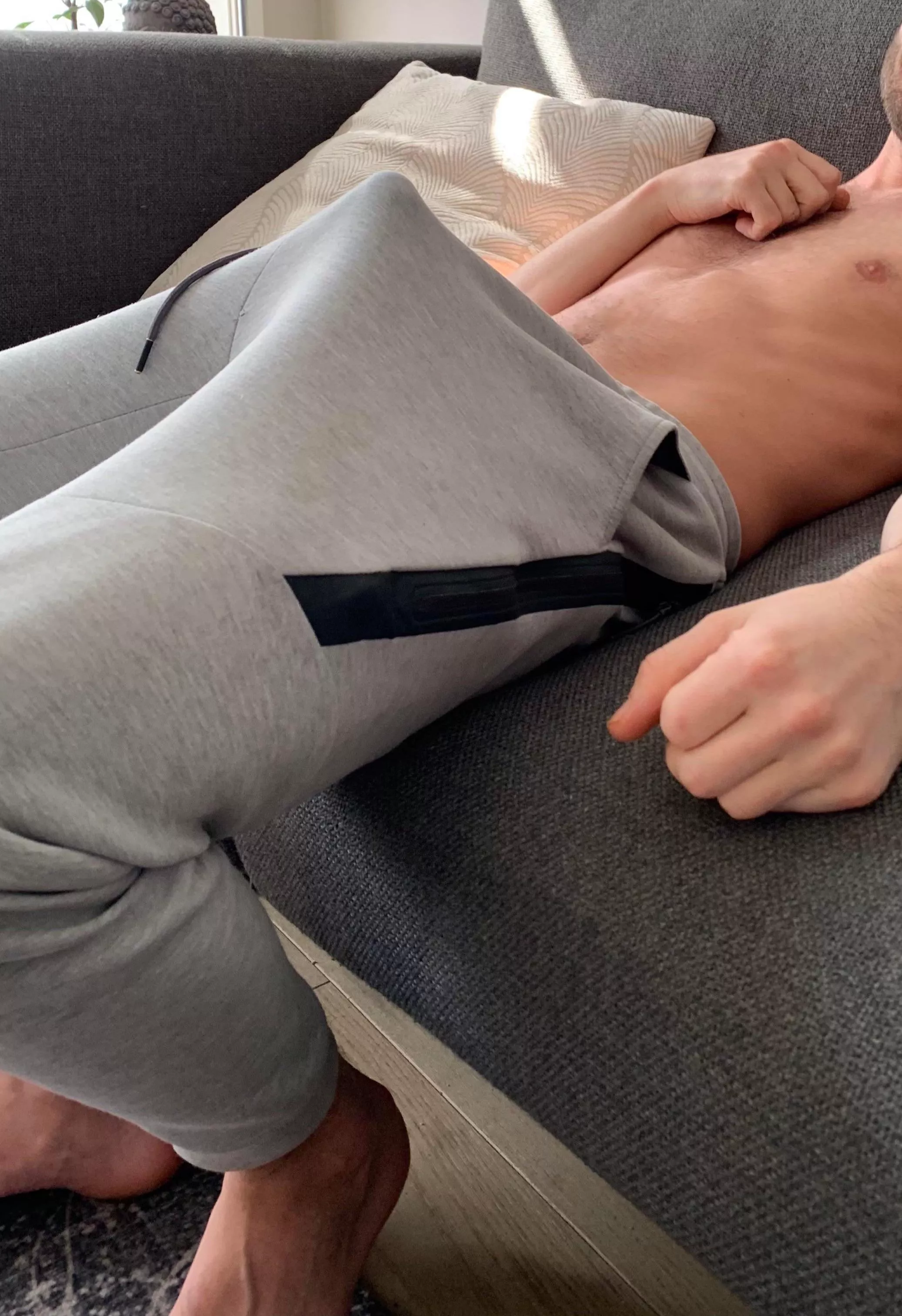 My big college cock is always trying to bust out of my grey sweatpants
