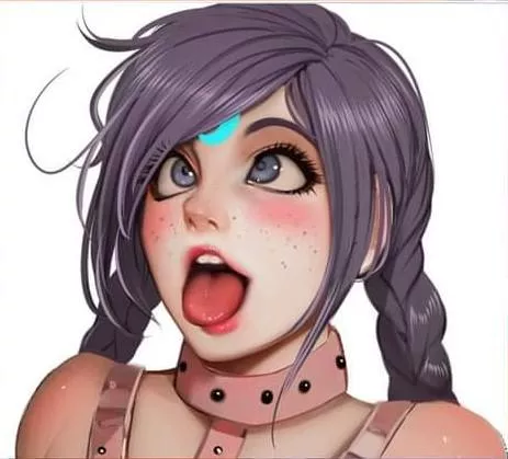 LF Color Source: 1girl, long hair, bangs, purple hair, braided hair, pigtails, pink bondage harness, pink choker, ahegao, blush, freckles, tongue out, white background