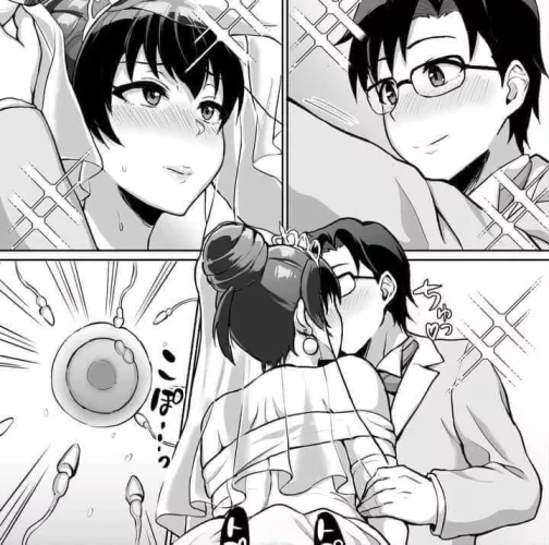 LF Mono Source: 1boy, 1girl, wedding, marriage, bride, impregnation, short hair, fertilization, kiss, crop, foreign text, glasses, business suit